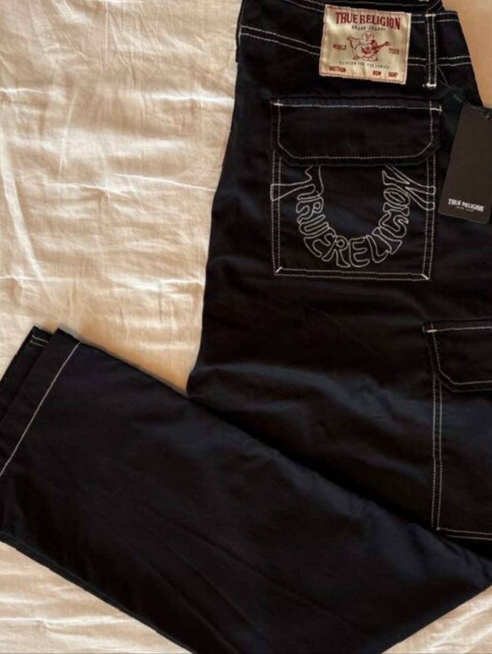True Religion Black Relaxed Cargo Jeans with White Stitching